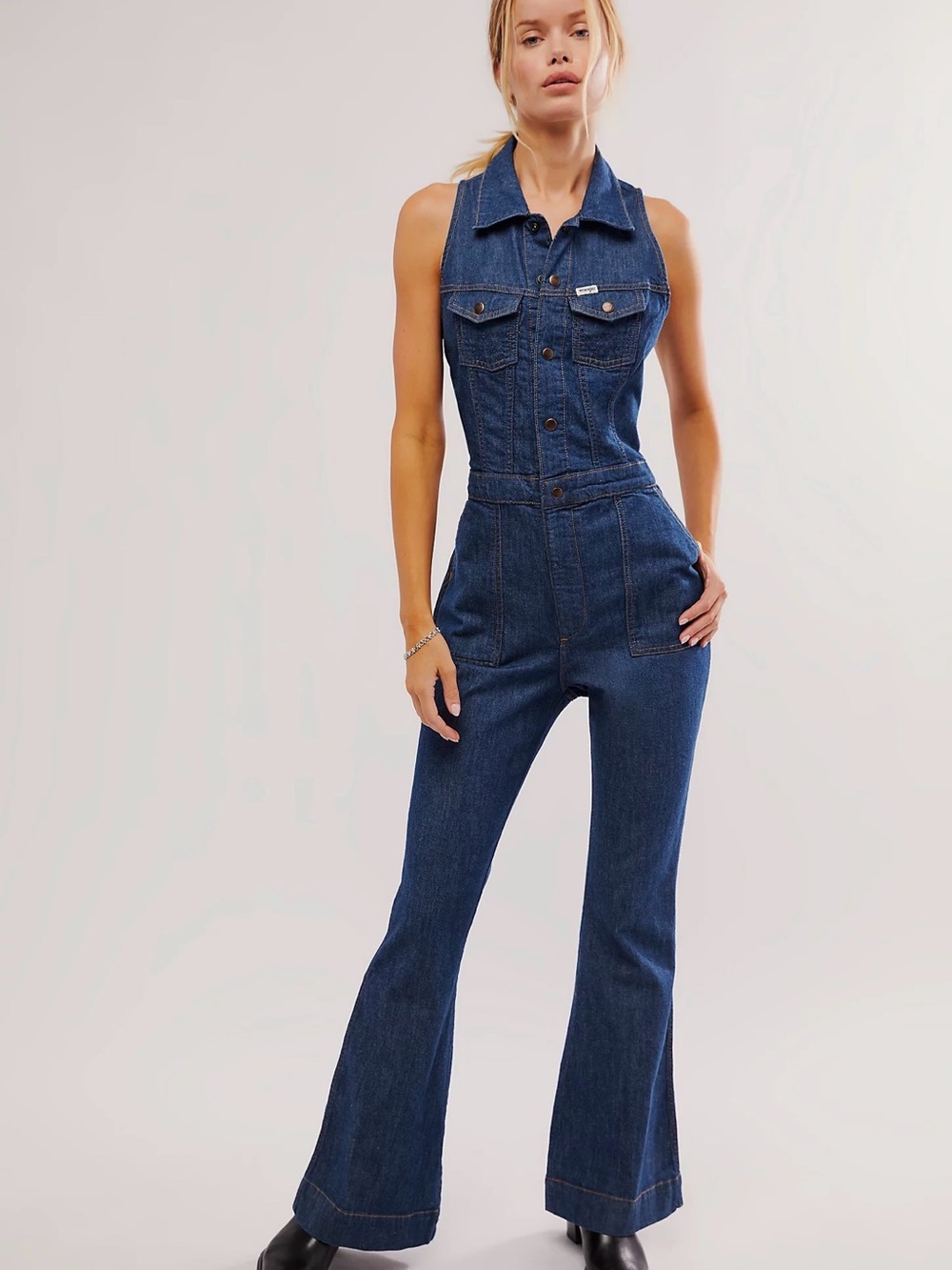 FREE PEOPLE WRANGLER Sleeveless Dark Blue Denim Jumpsuit Jeans